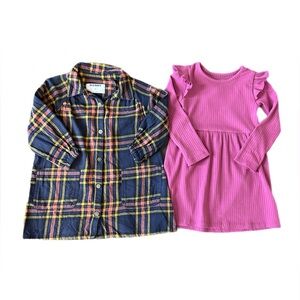 Toddler Girl Set of 2 Dresses. Plaid flannel button dress  ruffle sleeve dress